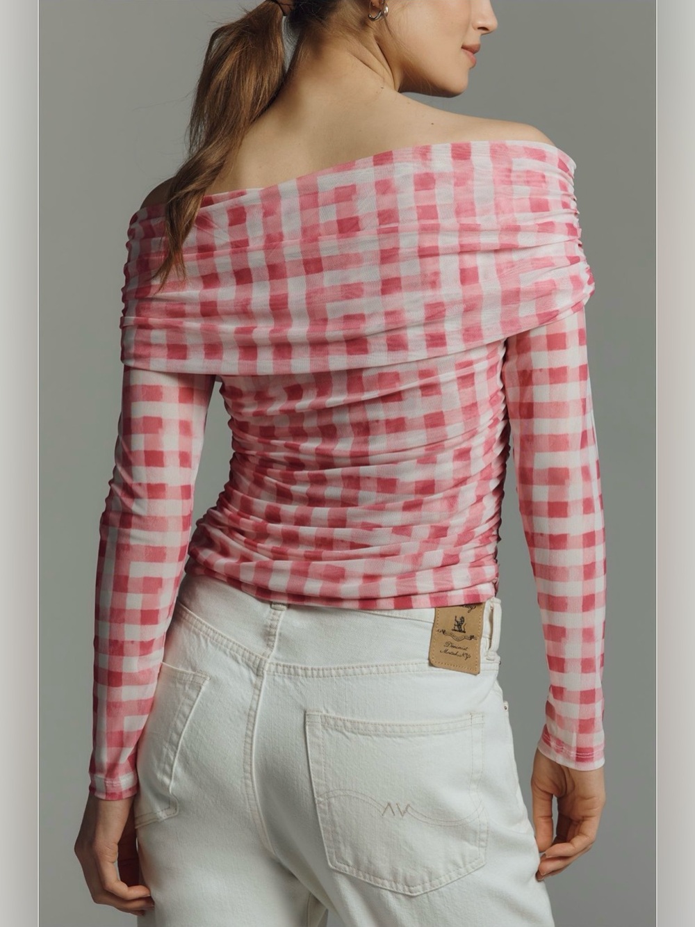 Maeve Aleda Mesh Off Shoulder Pink Plaid Ruched Top NWT Size L Anthropologie - Picture 2 of 8